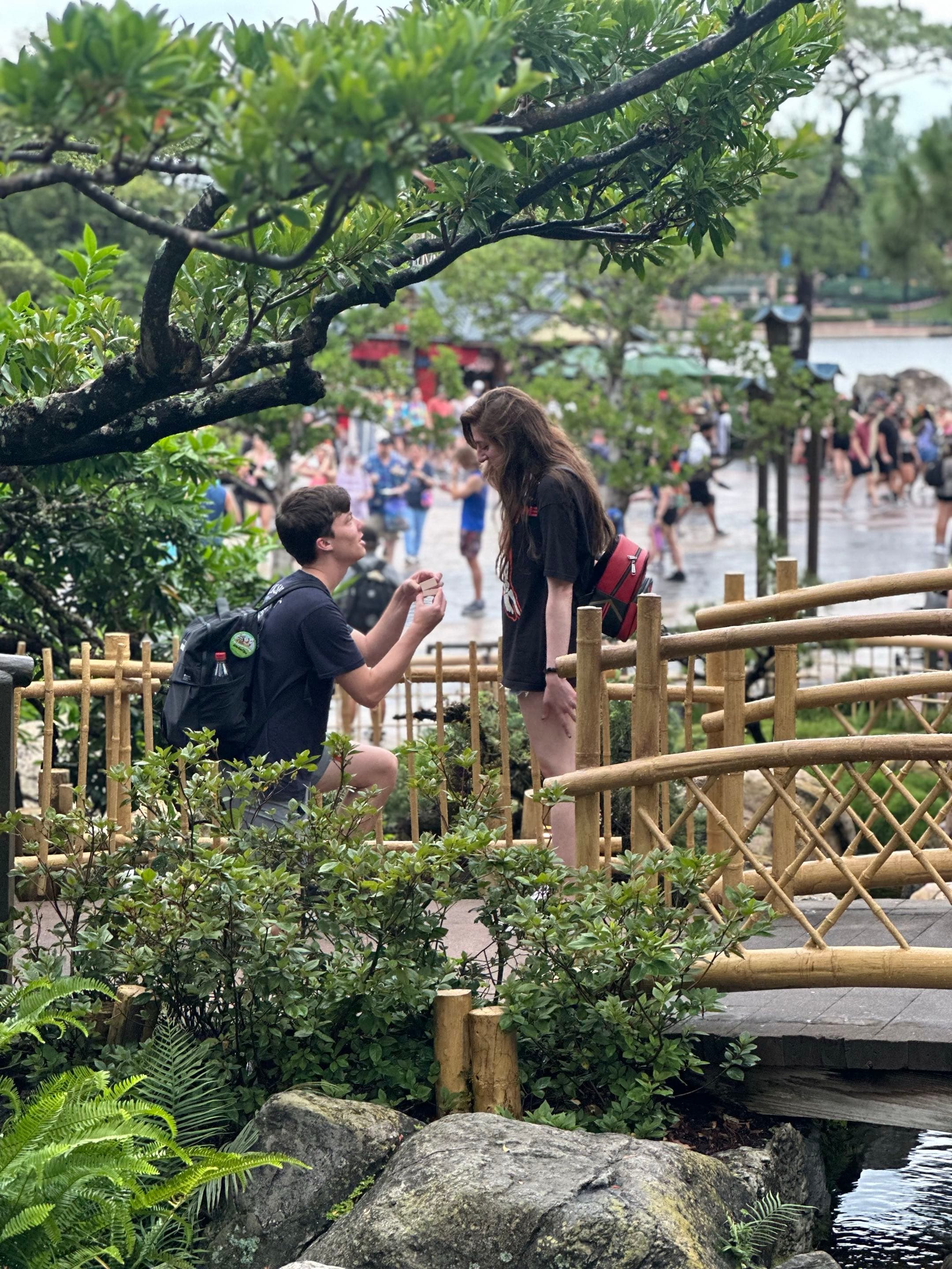 Max proposing to Alex in the Japan Garden in Epcot.